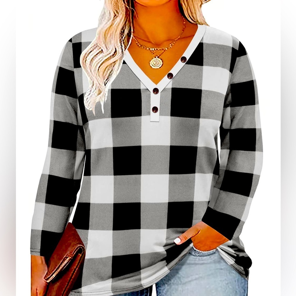 Buffalo Plaid V-Neck Women's Top - Size 4X